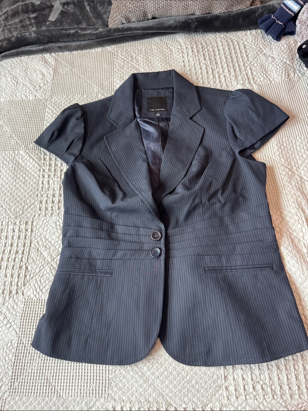 Ann Taylor Pinstripe Short Sleeve Blazer in Charcoal
